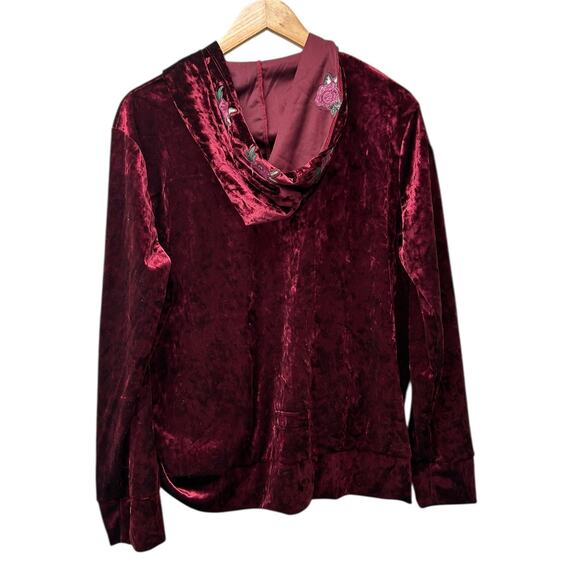 Standard Grace Crushed Velvet Hoodie XL Burgundy Floral Embroidered Zip‎ Jacket - Picture 2 of 7